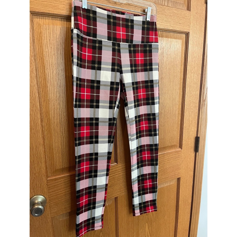 Edgy Contemporary Preppy RedWhitePlaid Slim-Sation ByMultiples Pull On Legging S - Picture 2 of 7